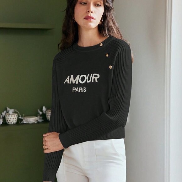 Black Preppy Womens Letter Graphic Button Detail Raglan Sleeve Sweater - Picture 2 of 7